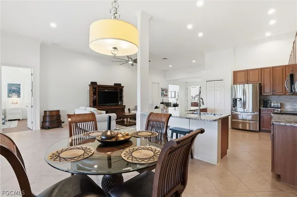 a view of a dining room with furniture