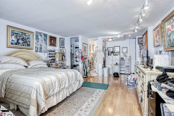 a spacious bedroom with a bed a couch and bookshelf
