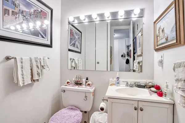 a bathroom with a sink mirror and toilet