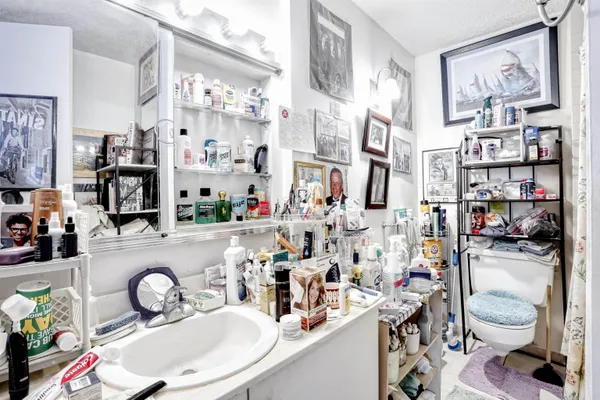a bathroom with a sink double vanity and toilet