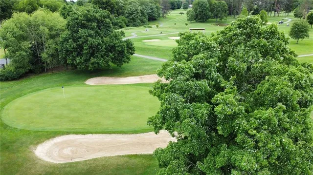 a view of a house with a big yard and large trees
