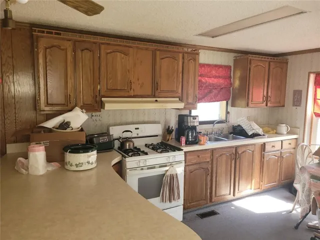 a kitchen with a stove a sink and cabinets