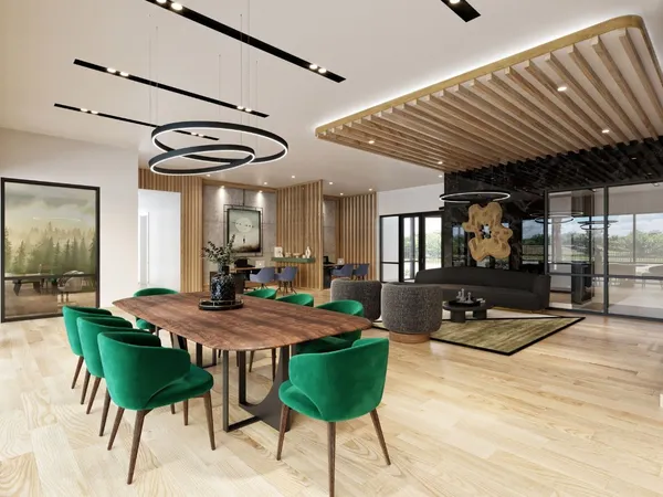 a view of a dining room with furniture and wooden floor