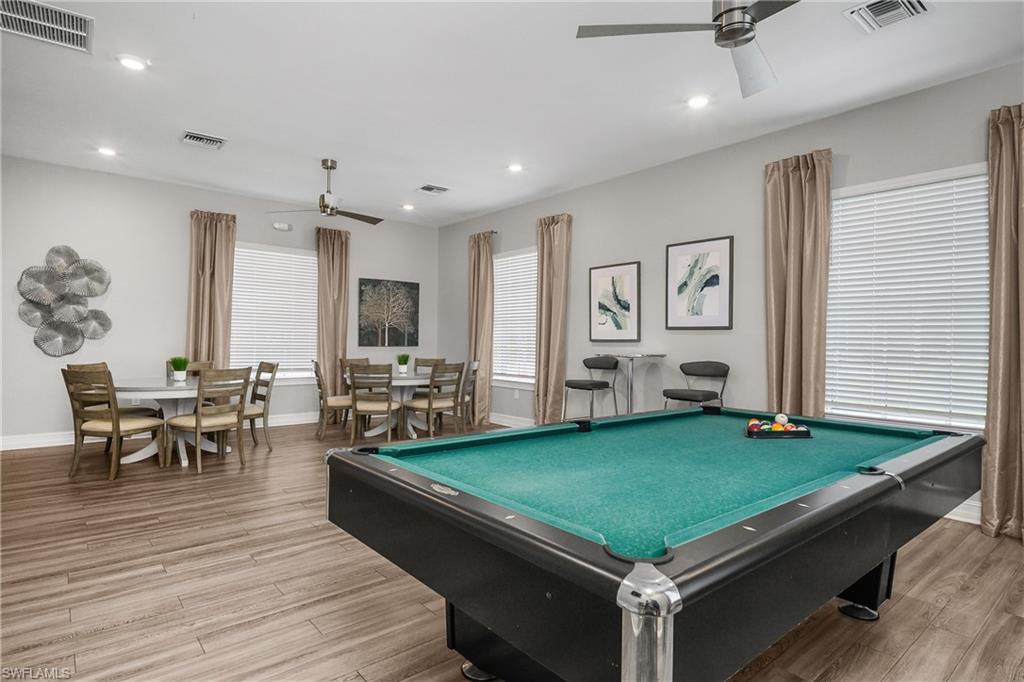 15436 Wildflower Circle Naples, FL 34119 - Photo 33 of 42 Rec room featuring a ceiling fan, billiards, and recessed lighting