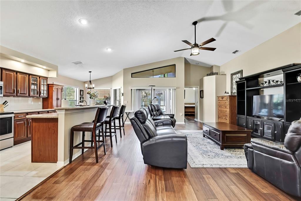 488 Fort Mill Lane Spring Hill, FL 34609 - Photo 9 of 54 a living room with fireplace furniture and a wooden floor