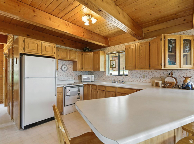 1180 Oak Road Coalville, UT 84017 - Photo 26 of 28 Wood-panel vaulted ceiling with exposed beams, wood-finish cabinetry, white countertops, built-in sink, and white appliances