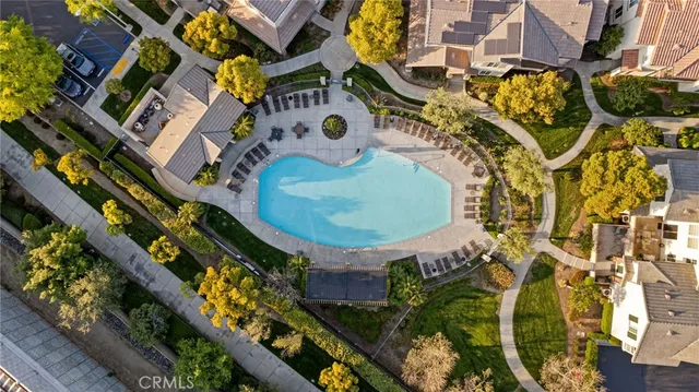 an aerial view of a swimming pool