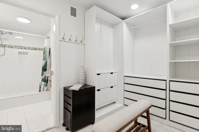 a view of a room with shelves