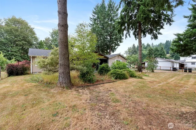 a view of a house with backyard and trees