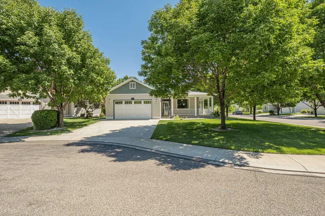 a front view of a house with a yard and a garage