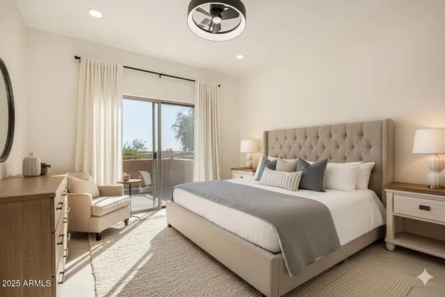 a terrace with outdoor seating and city view