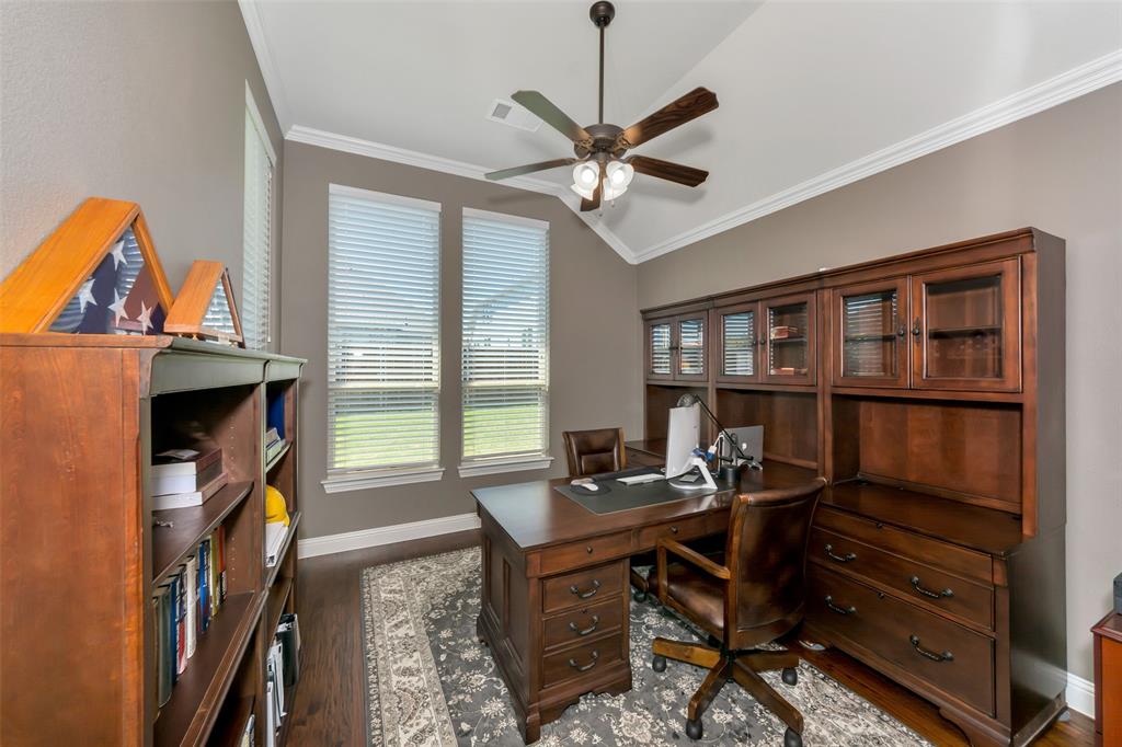 1001 West Bluff Way Roanoke, TX 76262 - Photo 23 of 40 Office space with ornamental molding, a ceiling fan, dark wood-style flooring, and lofted ceiling