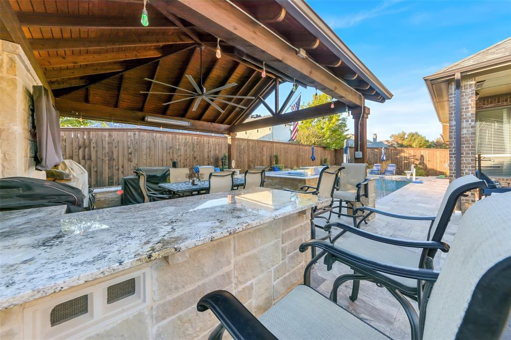 1001 West Bluff Way Roanoke, TX 76262 - Photo 34 of 40 Fenced backyard featuring a ceiling fan, a patio area, and an outdoor kitchen