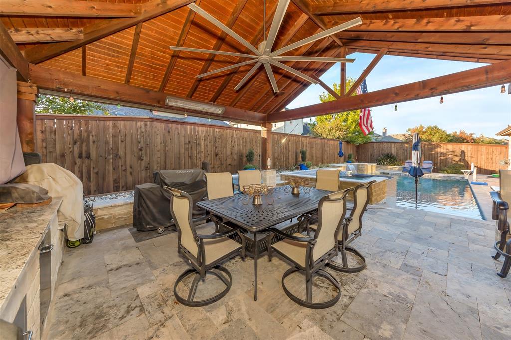 1001 West Bluff Way Roanoke, TX 76262 - Photo 35 of 40 Fenced backyard featuring a patio area, outdoor dining area, and ceiling fan