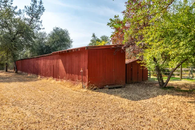 a view of backyard with wooden fence and large trees