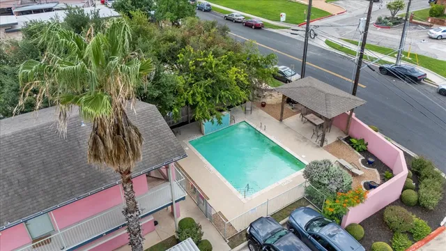 an outdoor space with furniture