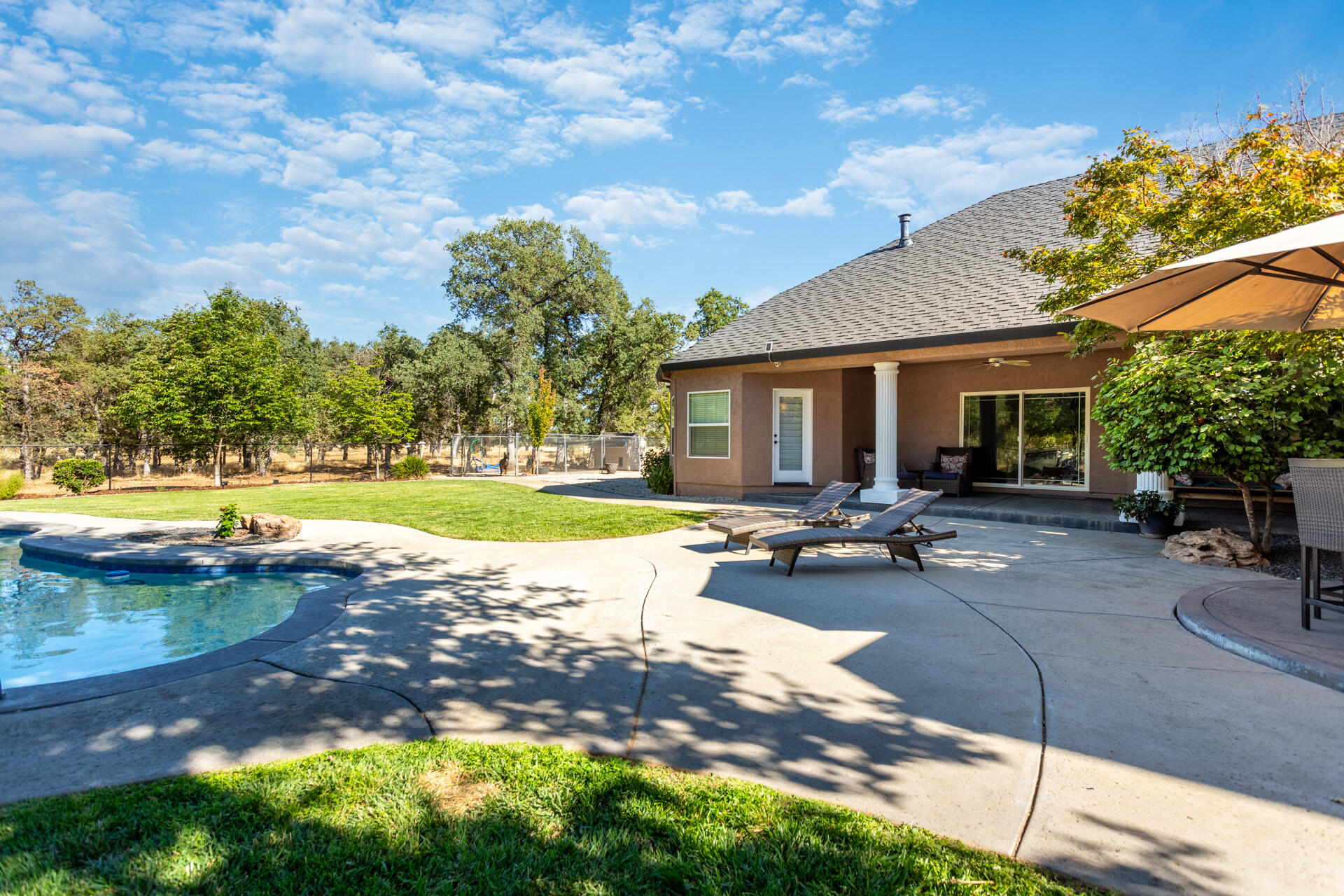 7307 Del Rico Court Palo Cedro, CA 96073 - Photo 37 of 55 a view of swimming pool with lawn chairs and plants