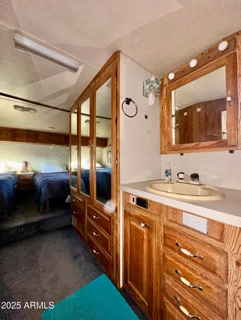 a bathroom with a sink double vanity and a mirror