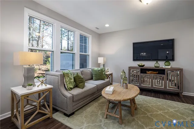 a living room with furniture a rug and a window
