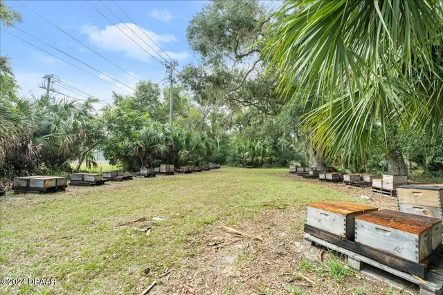 a view of a backyard with swimming pool