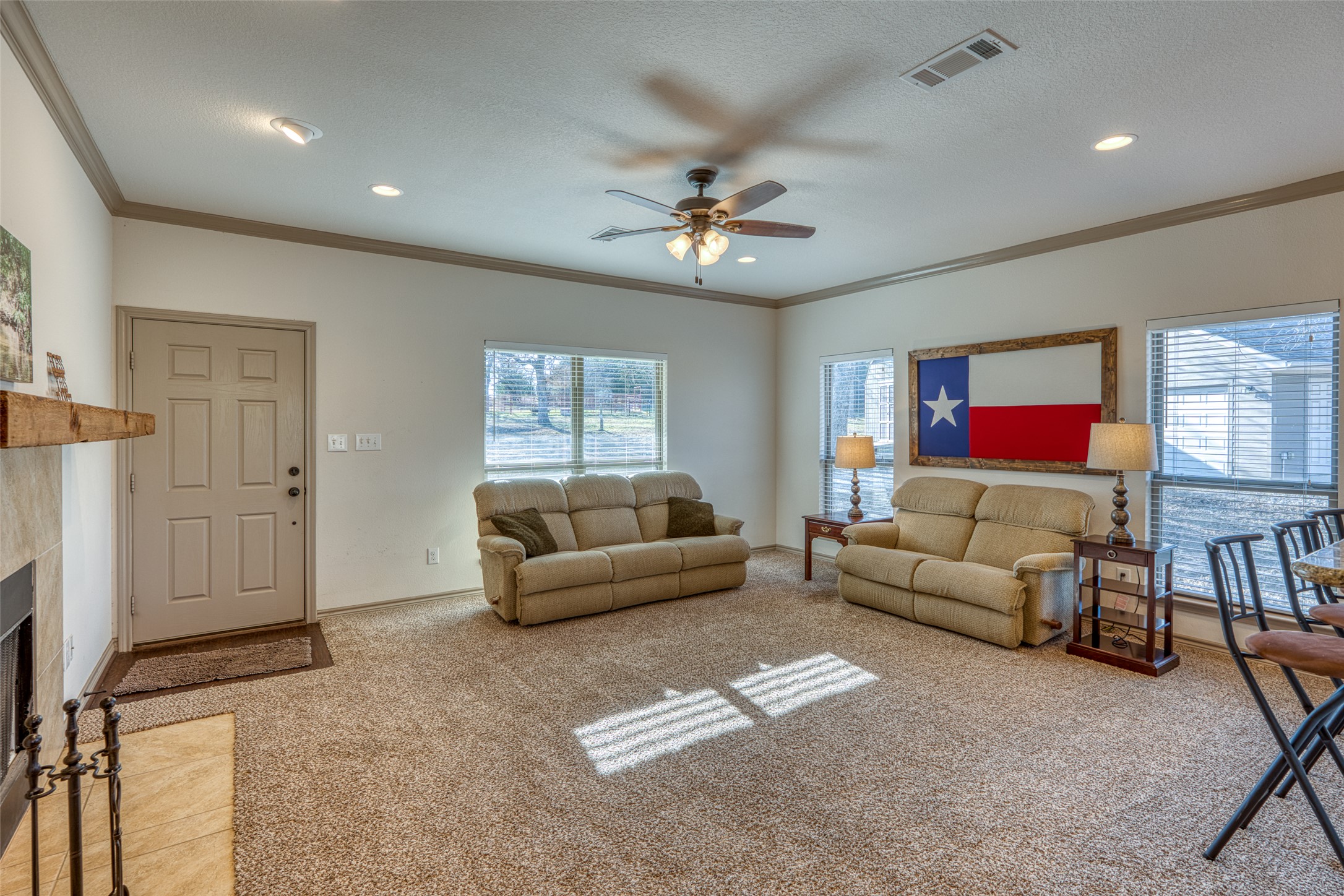 489 Nordic Ridge Road Bertram, TX 78605 - Photo 4 of 19 Living area featuring ornamental molding, light colored carpet, ceiling fan, and a fireplace with flush hearth