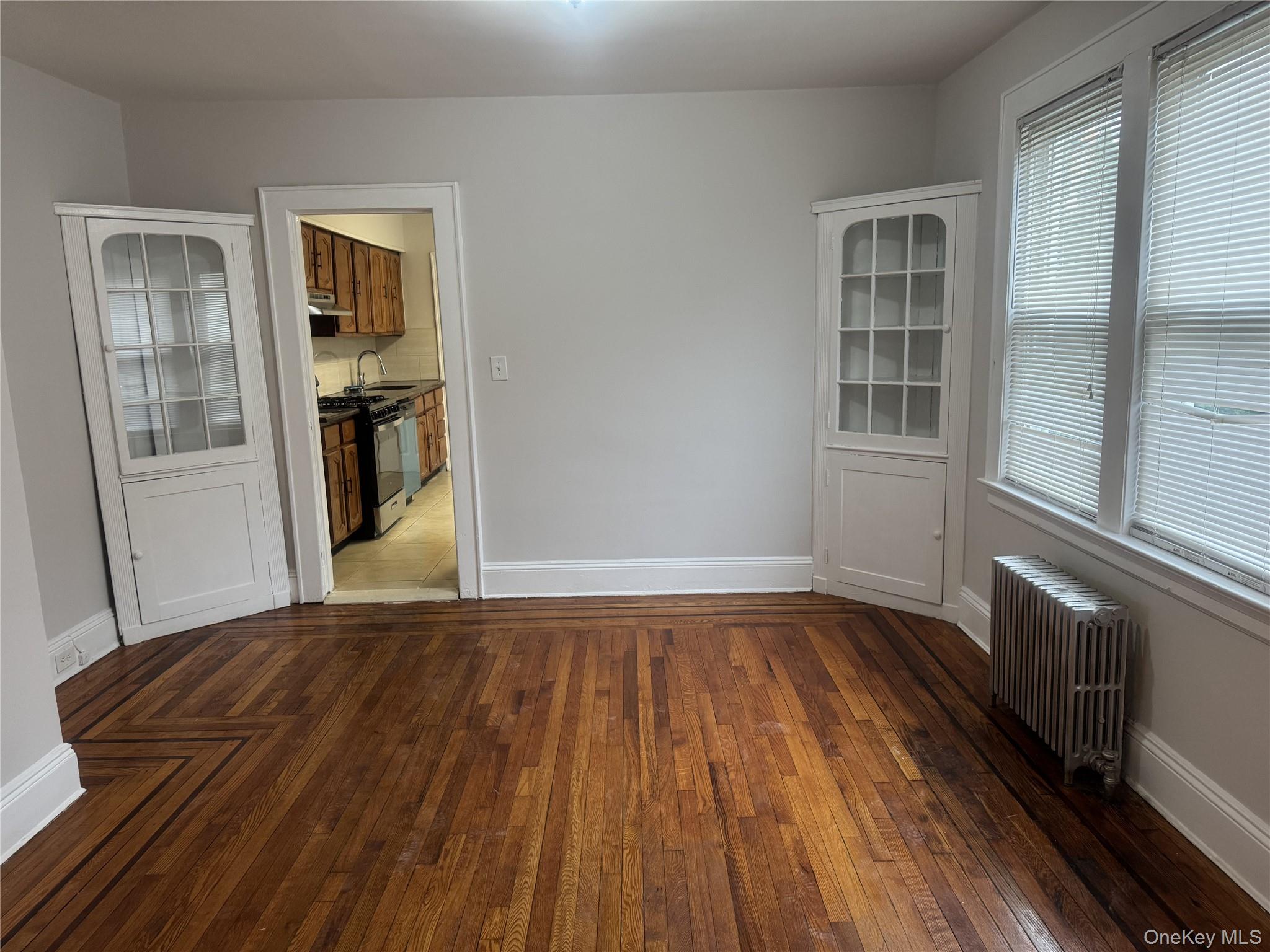 267 Schenck Avenue Great Neck, NY 11021 - Photo 5 of 9 Empty room featuring radiator heating unit, dark wood-type flooring, and sink