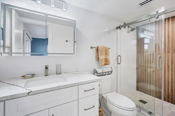 a bathroom with a sink a toilet and shower