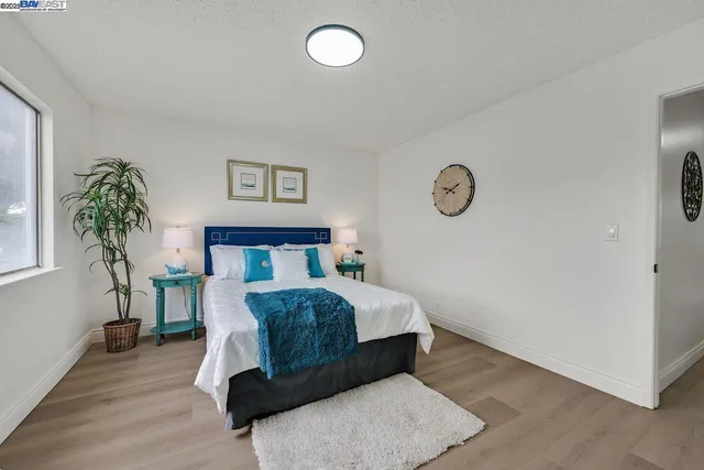 a living room with a bed furniture and a potted plant