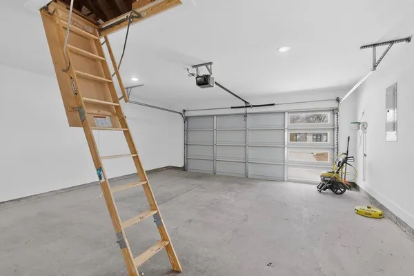 a view of a garage with storage