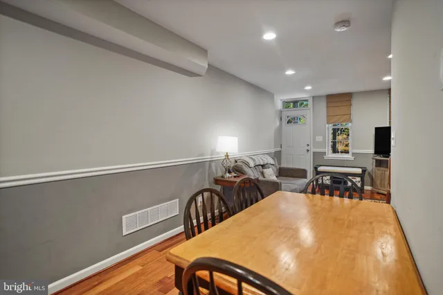 a view of a dining room with furniture