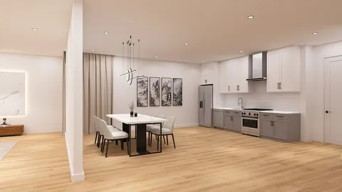 a large kitchen with stainless steel appliances kitchen island granite countertop a sink and cabinets