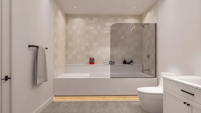 a bathroom with a bathtub and a toilet