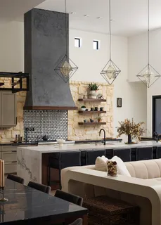 a kitchen with a stove and cabinets