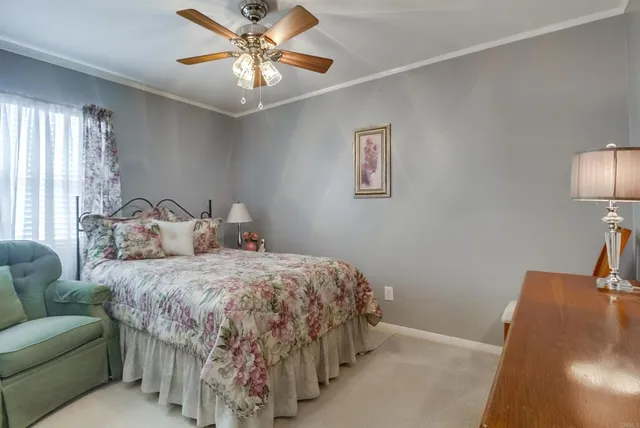 a bedroom with bed and a chandelier