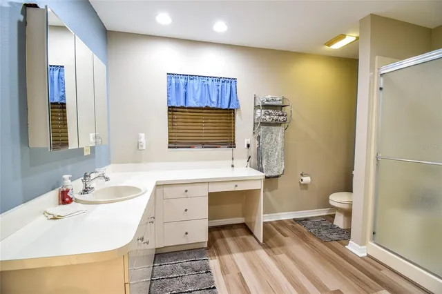 a bathroom with a sink a toilet and shower