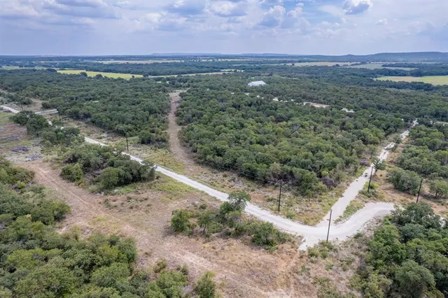 a view of a field with a lush green forest