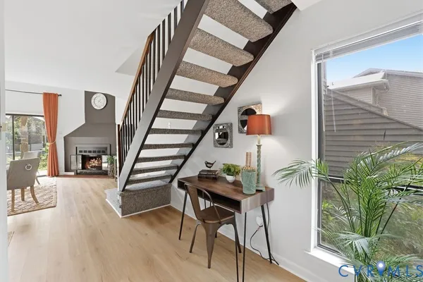 a view of a dining room with furniture