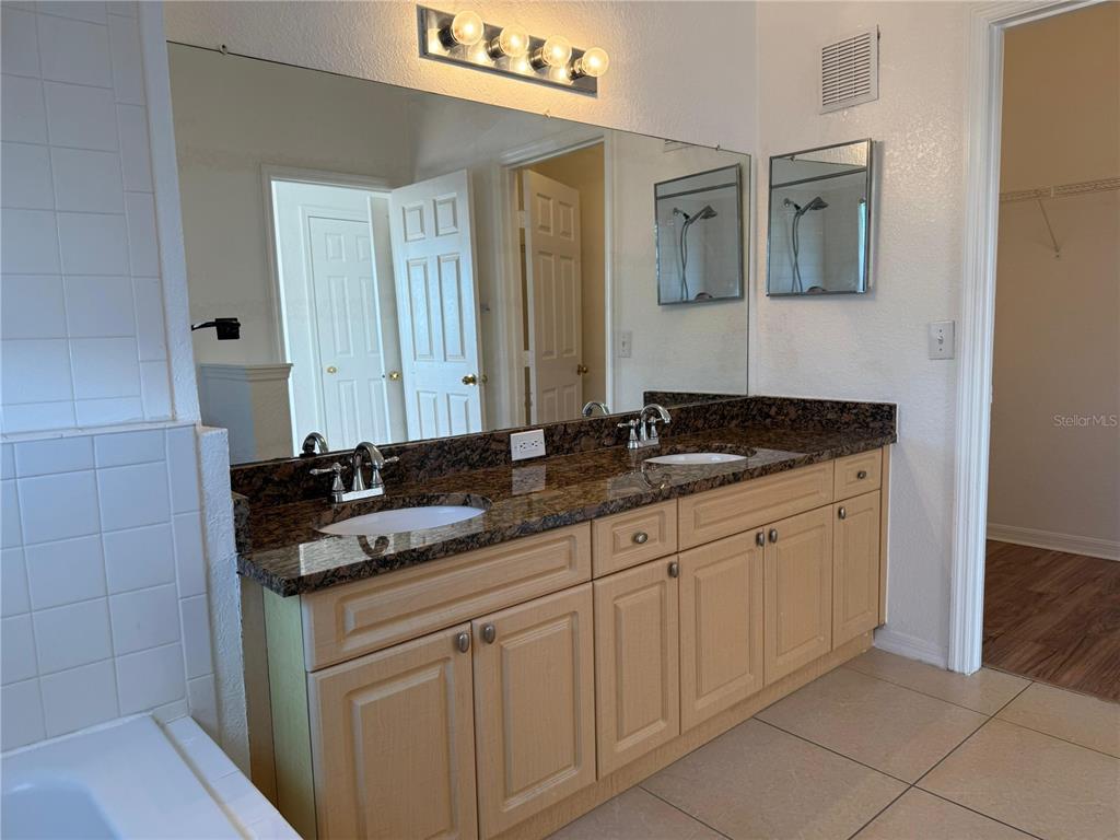3707 Conroy Road, Unit 1731 Orlando, FL 32839 - Photo 21 of 40 a bathroom with a granite countertop sink and a mirror