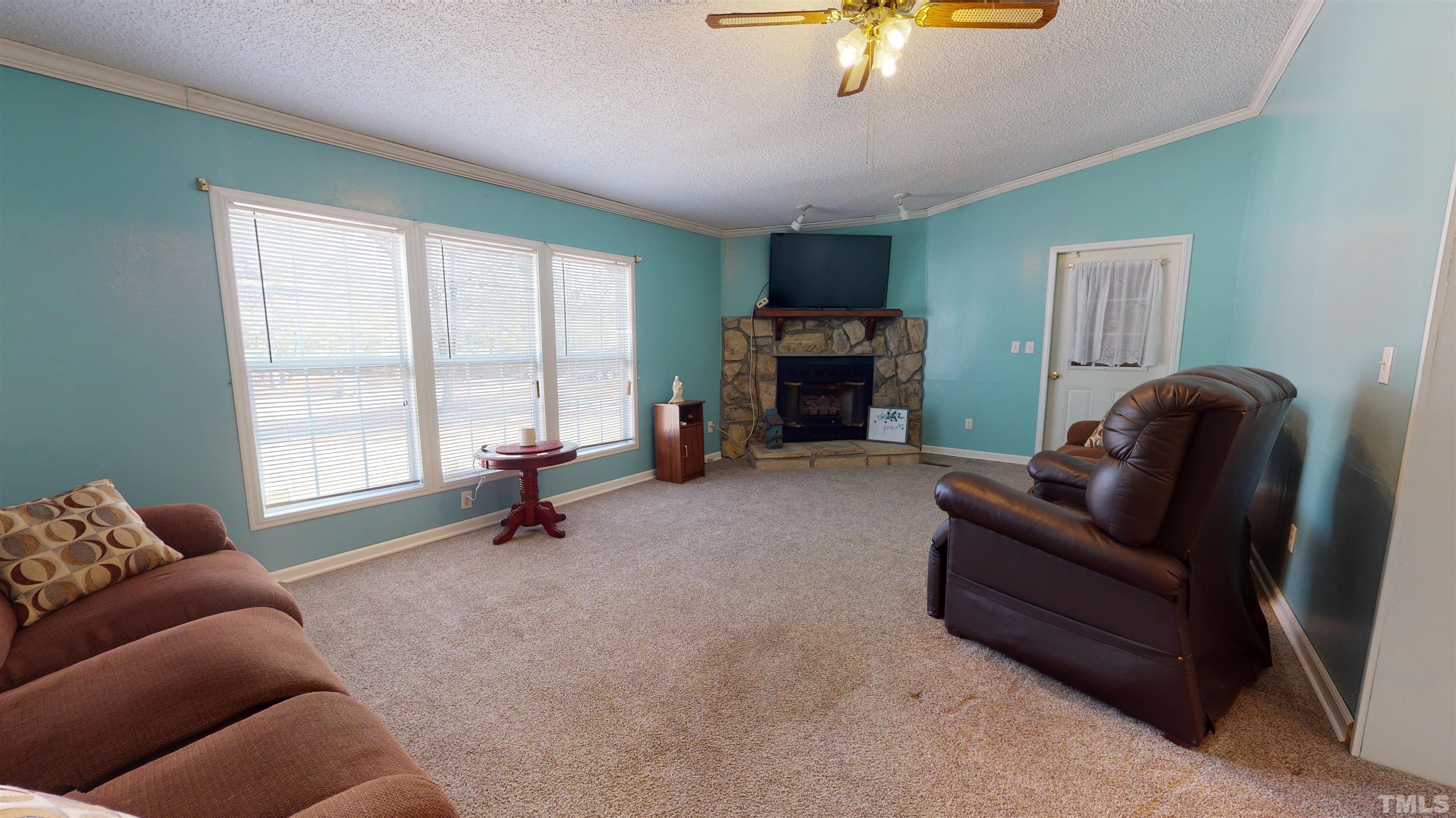 1229 Tingen Road Broadway, NC 27505 - Photo 10 of 17 a living room with furniture a fireplace and a large window
