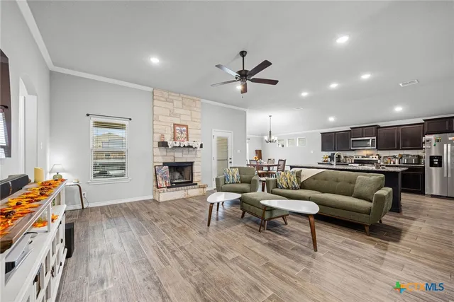 a living room with furniture and a fireplace