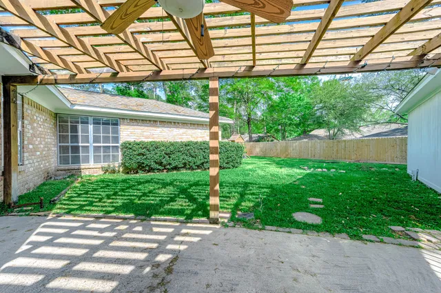a view of a backyard with plants and a garden