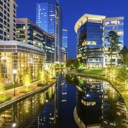 a view of water fountain in front of building