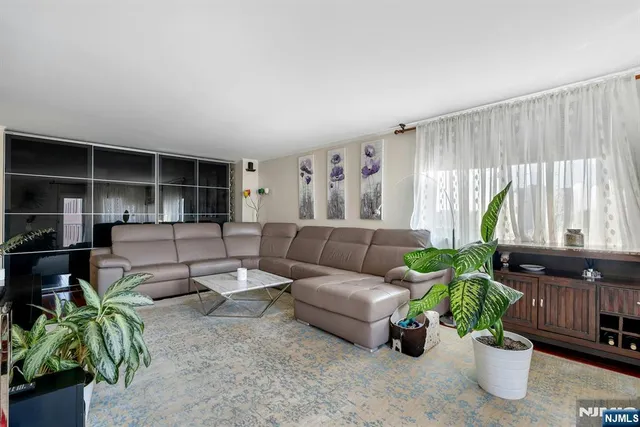 a living room with furniture and a potted plant