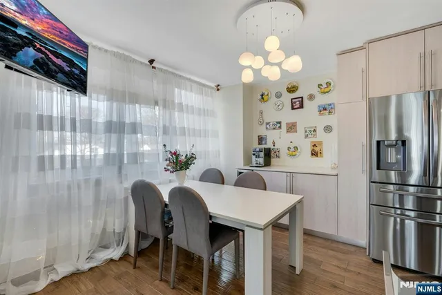 a view of a dining room with furniture