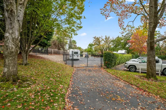 a view of a backyard with table and chairs and a large tree