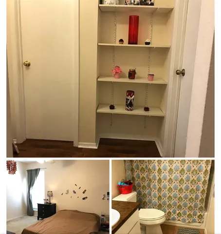 a bathroom with a toilet and a shower curtain