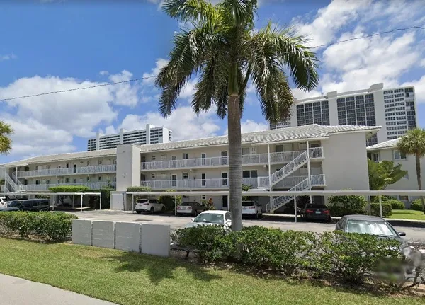 a view of a yard with a large pool and plants