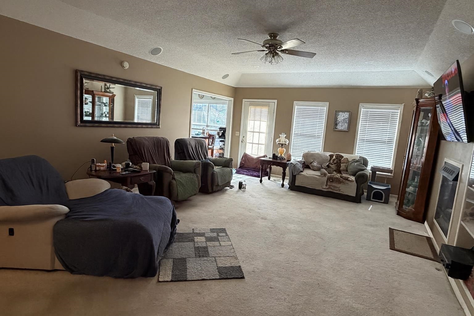 95 Lab Drive Buchanan, TN 38222 - Photo 8 of 19 Living area featuring light colored carpet, a textured ceiling, ceiling fan, and a glass covered fireplace