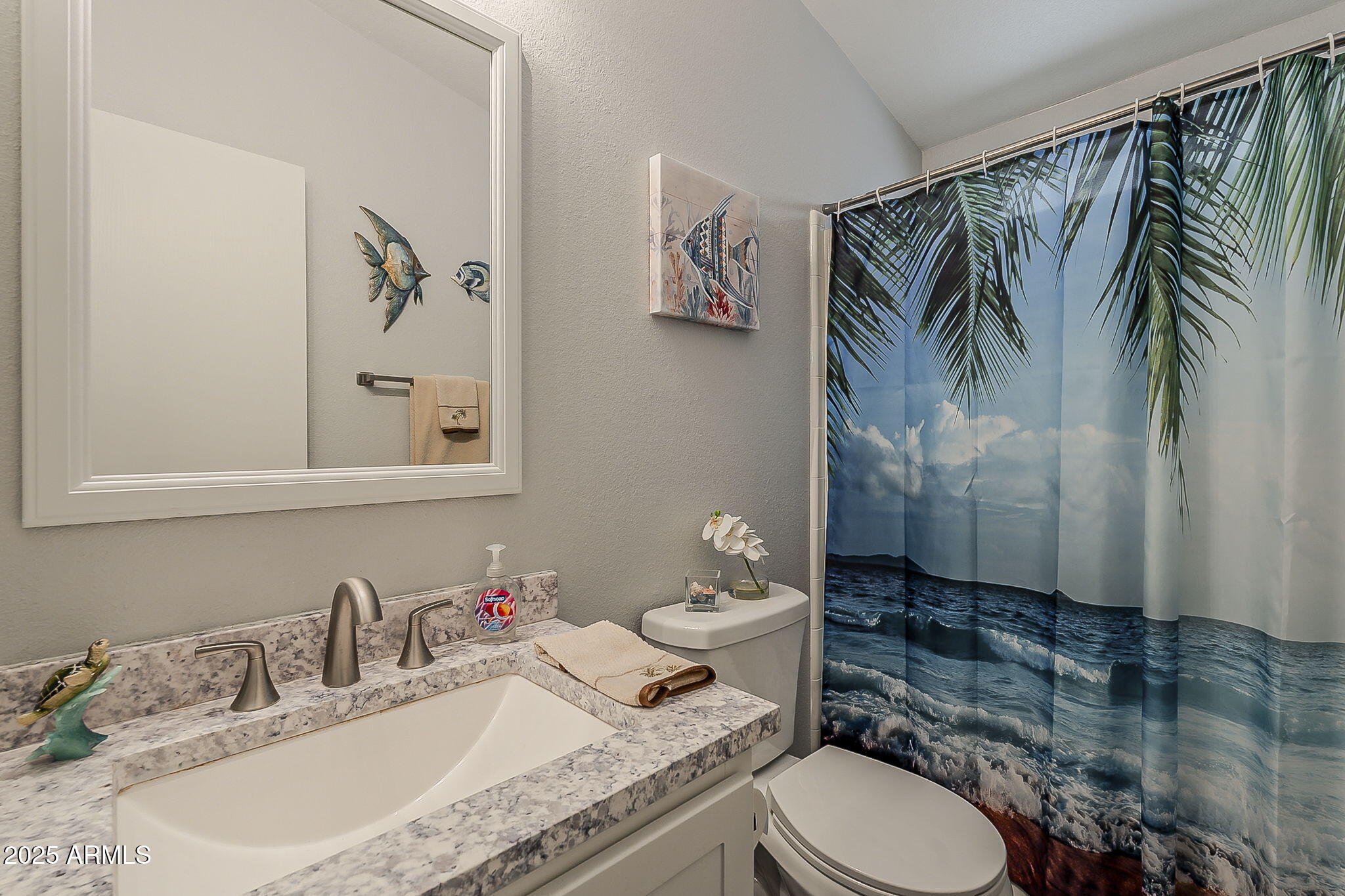 215 North Power Road, Unit 107 Mesa, AZ 85205 - Photo 10 of 49 a bathroom with a granite countertop sink toilet and a mirror