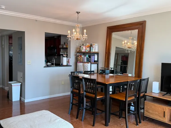 a view of a dining room with furniture